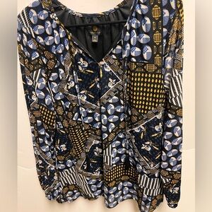 JM Collection Patterned Print Blouse in Black, Blue, and Gold w/Front Ties XL.